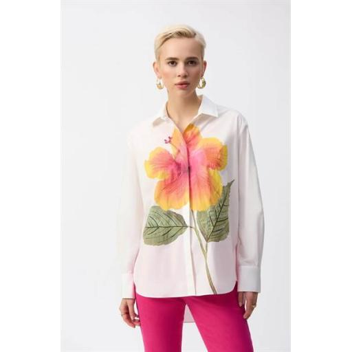 Joseph Ribkoff 251938 Floral Print Long Sleeve Shirt White with Floral Detail