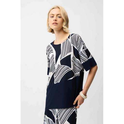 Joseph Ribkoff Crew Neck Pullover  Top Asymmetric Hem Style 261283, Navy/Moonstone