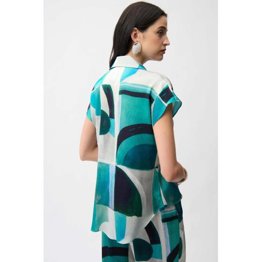 Joseph Ribkoff Textured Satin Geometric Print Boxy Top With Front Ties