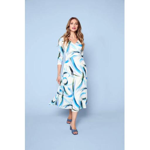 Tia V-neck Midi Dress in Ivory/Blue Green print