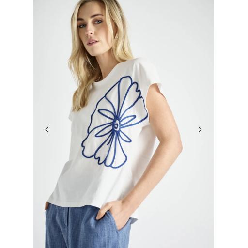 Marie Mero White T-shirt with Blue floral Embroidery