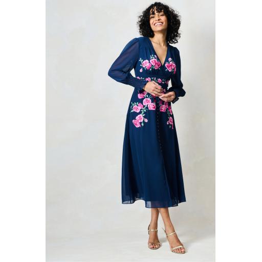 Hope & Ivy, The Ada Embroidered Long Sleeve Button Front Midi Dress, Navy and pink floral