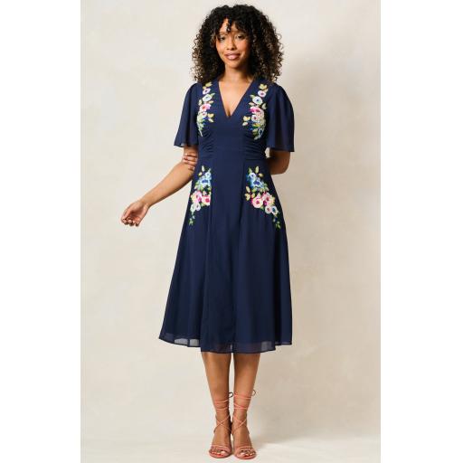 Hope & Ivy, The Zaynab Embroidered Flutter Sleeve Midi Dress with Tie Waist in Navy