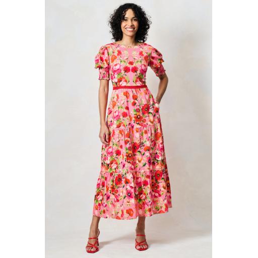Hope & Ivy, The Amara Puff Sleeve Maxi Wrap Dress with Box Back Coral/Peach floral