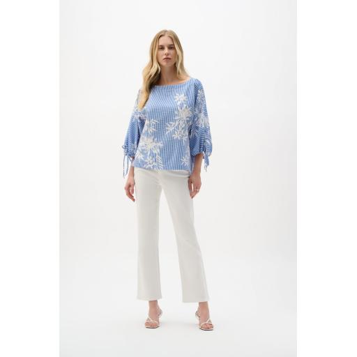Joseph Ribkoff 262067 Vanilla/Blue Woven Seersucker Floral Print top