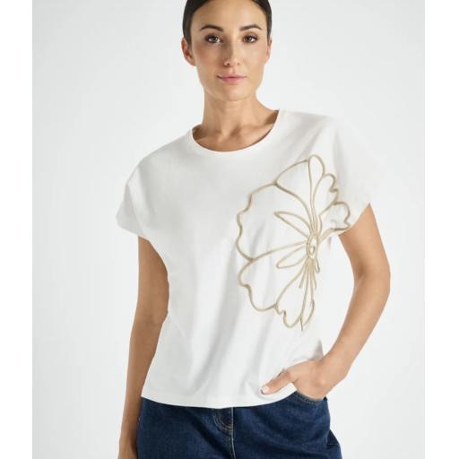 Marie Mero White T-shirt with Beige floral Embroidery