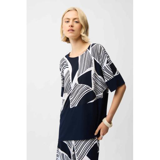 Joseph Ribkoff Silky Knit Geometric Print Asymmetrical Cocoon Top Navy/Moonstone/Ivory
