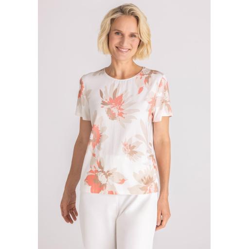 Frank Walder Floral Print T shirt Ivory and coral