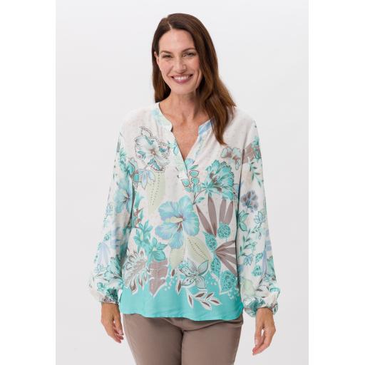 Frank Walder Blouse with summery panneaux print in Cream/Turquoise